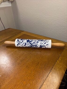 Blue Splatter Ceramic Rolling Pin with Wooden Handles